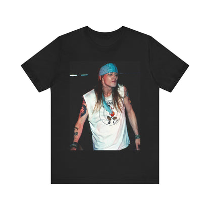 A black graphic t-shirt featuring a graphic related to Guns N' Roses' "Welcome to the Jungle" song or era.
