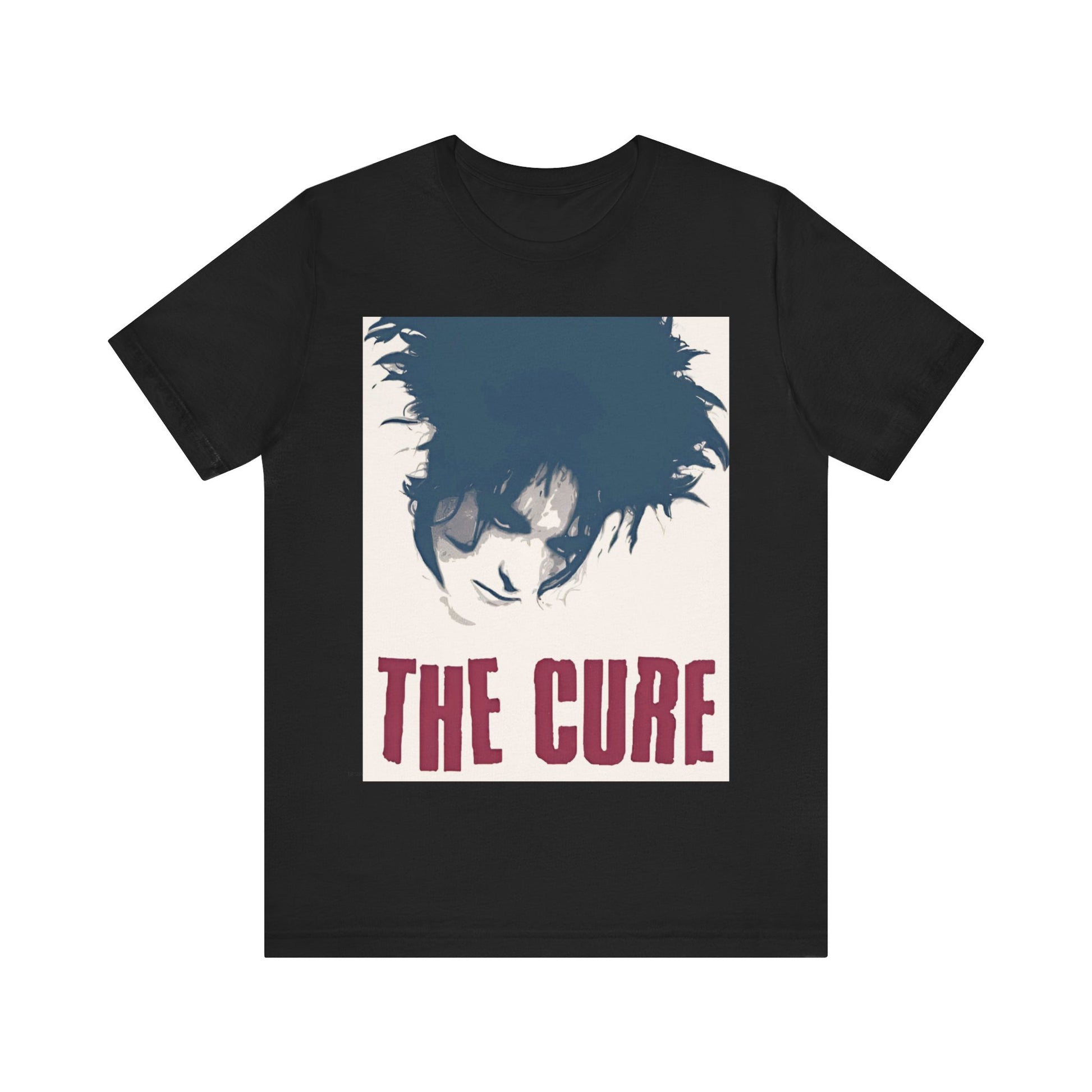 A black graphic t-shirt featuring a graphic related to The Cure's 'Boys Don't Cry' song or era.