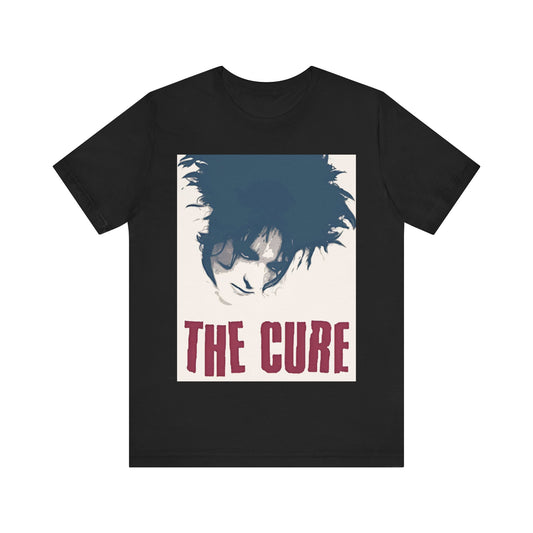 A black graphic t-shirt featuring a graphic related to The Cure's 'Boys Don't Cry' song or era.