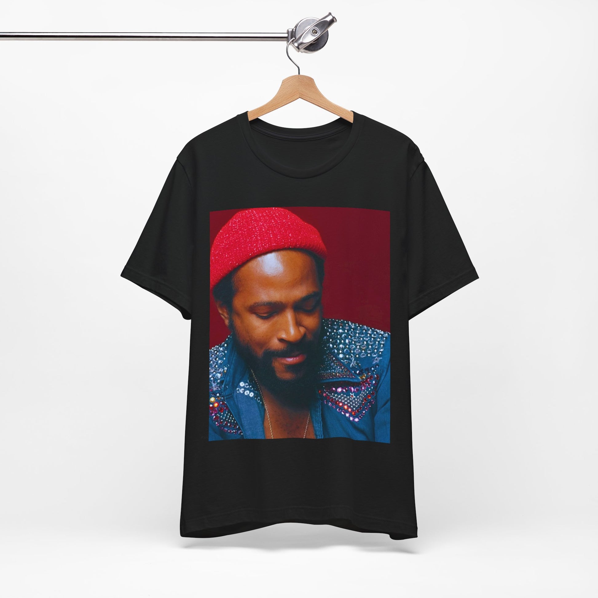 A black graphic t-shirt featuring a graphic related to Marvin Gaye's 'What's Going On' album era.