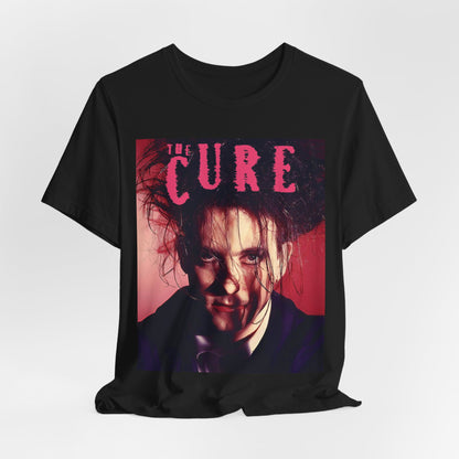A black graphic t-shirt featuring a vintage graphic related to The Cure's 'Just Like Heaven' song or era.