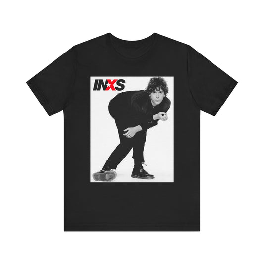 A black graphic t-shirt featuring a vintage rock superstar graphic of INXS.