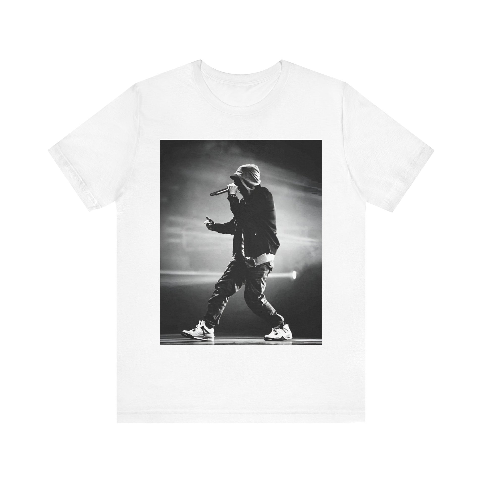 A black graphic t-shirt featuring a boxy hip hop aesthetic graphic of Eminem.