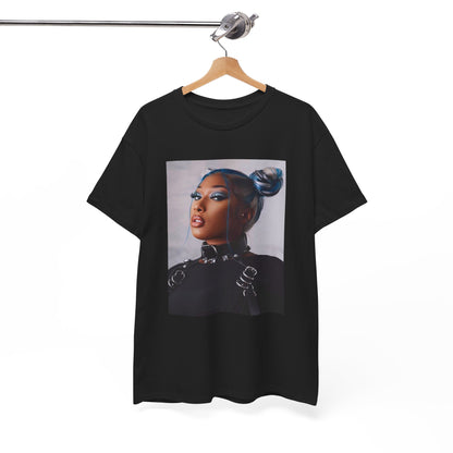 A black graphic t-shirt featuring a casual rap graphic of Megan Thee Stallion.