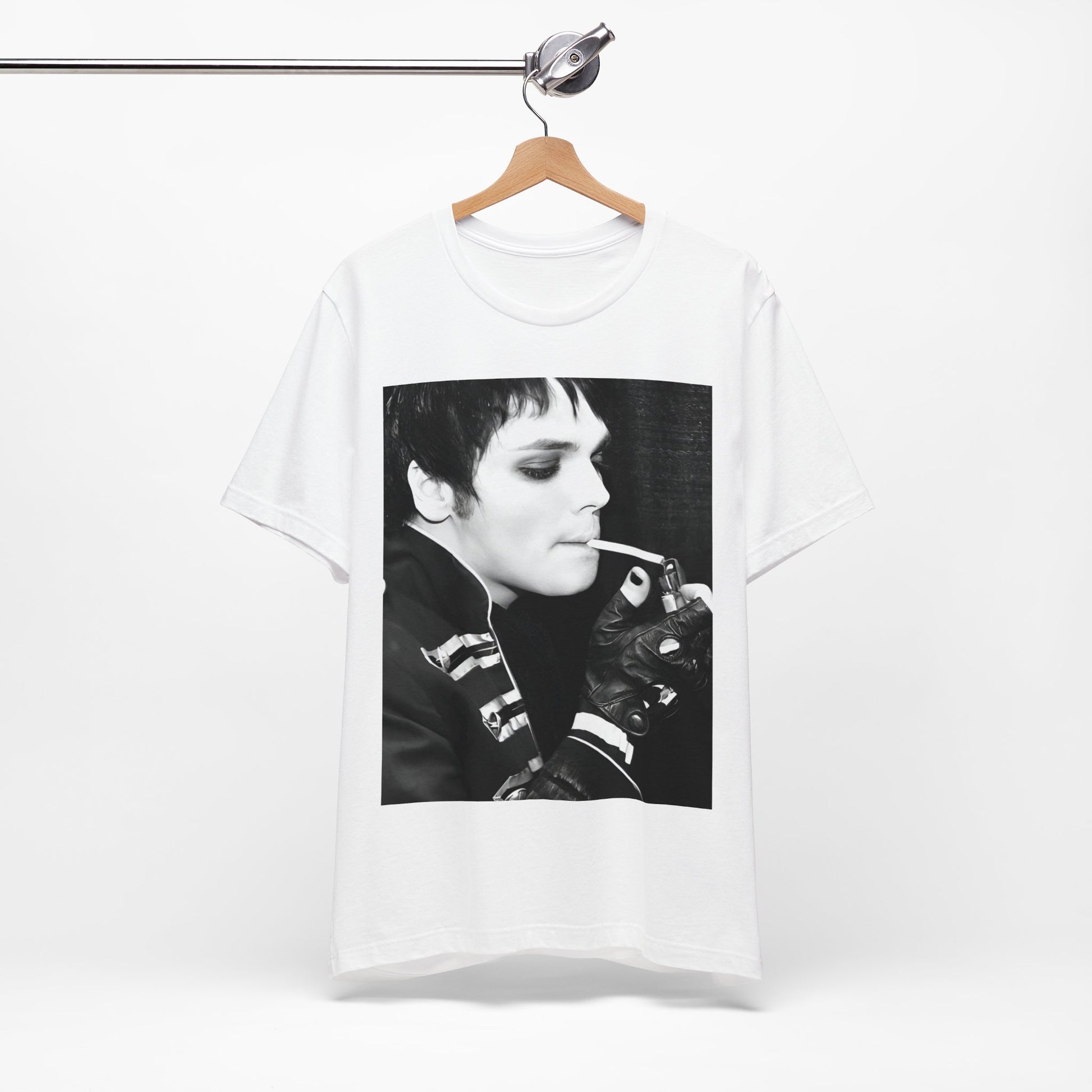 A black graphic t-shirt featuring a black and white graphic or photo of My Chemical Romance in a backstage setting.