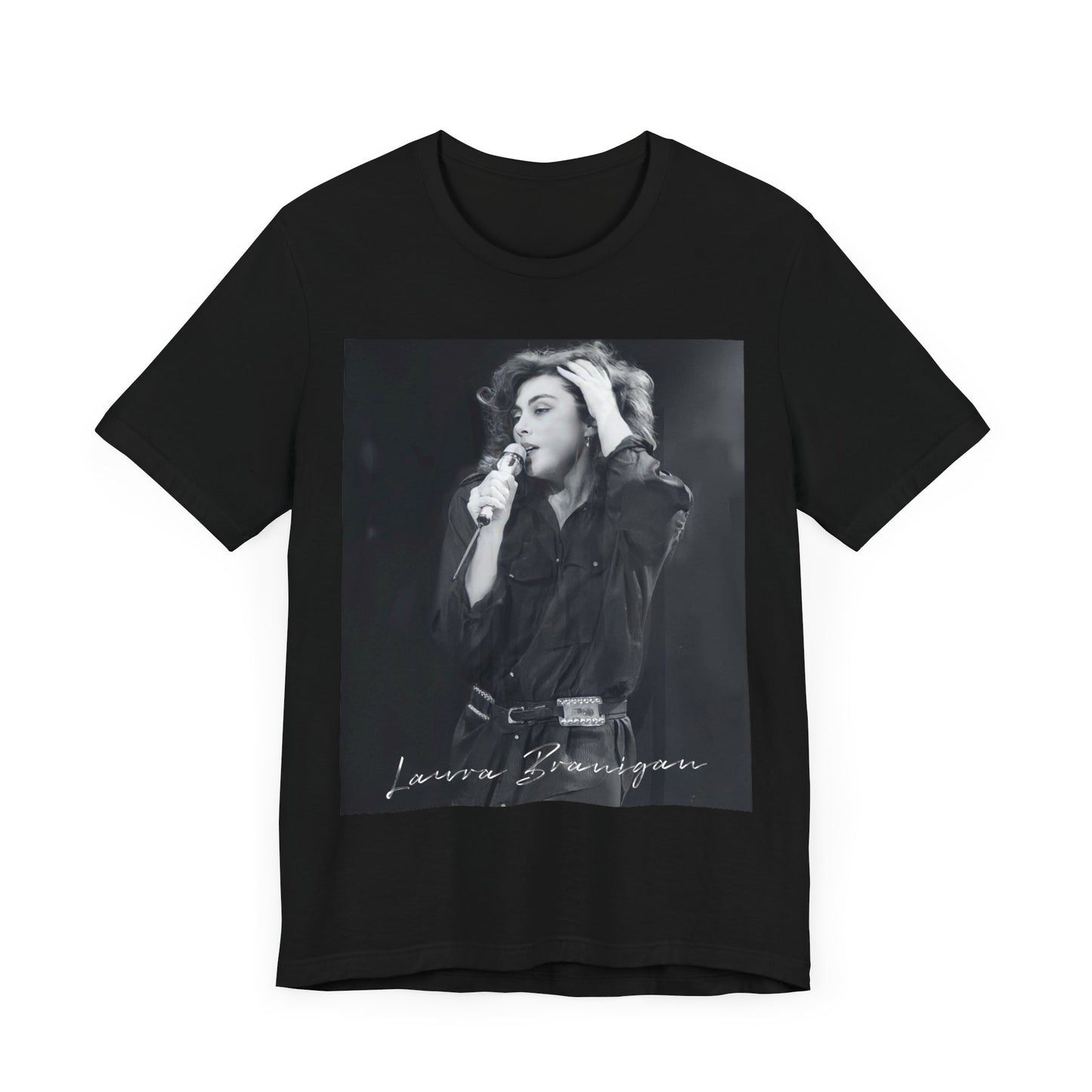 A black graphic t-shirt featuring an 80s live show graphic of Laura Branigan.