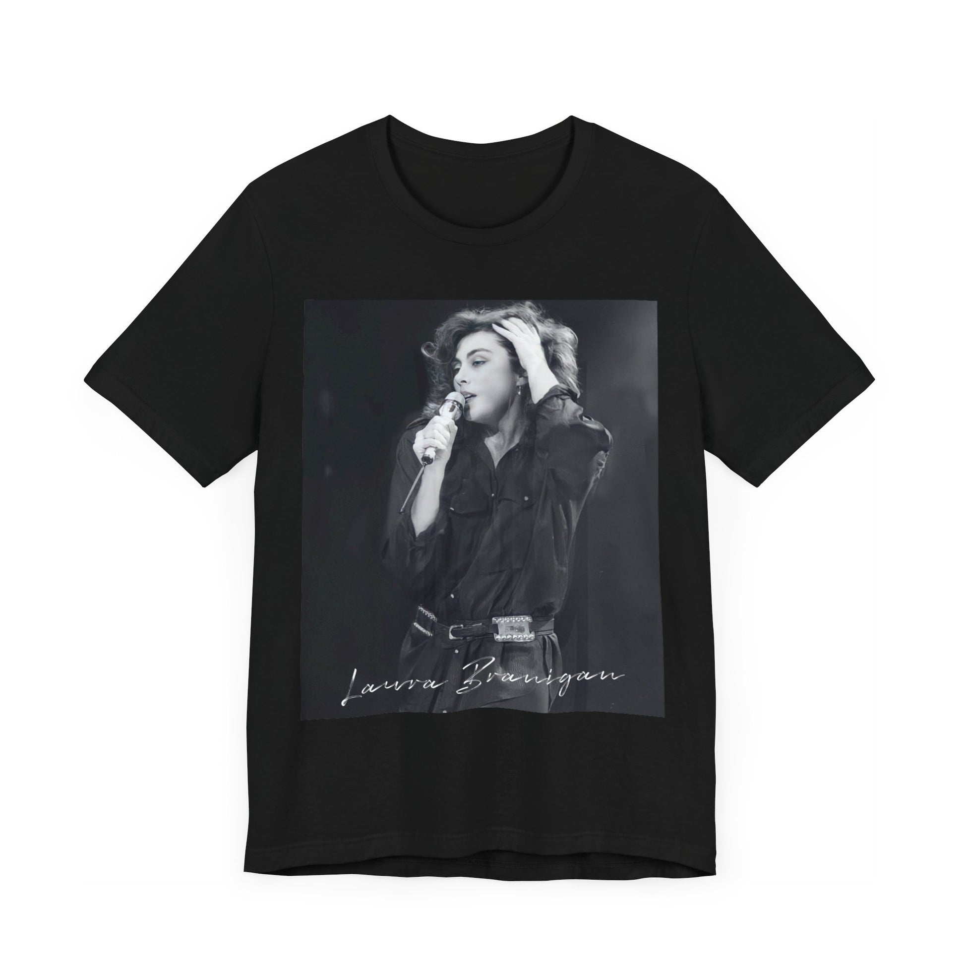 A black graphic t-shirt featuring an 80s live show graphic of Laura Branigan.
