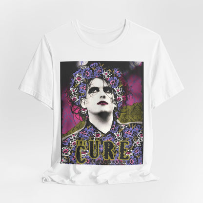A black graphic t-shirt featuring a retro rock aesthetic pop art graphic of The Cure.