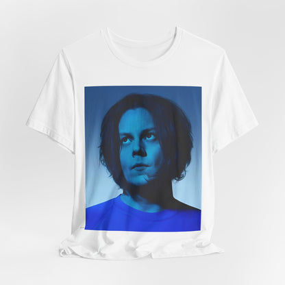 A black graphic t-shirt featuring a portrait photo of Jack White from The White Stripes.