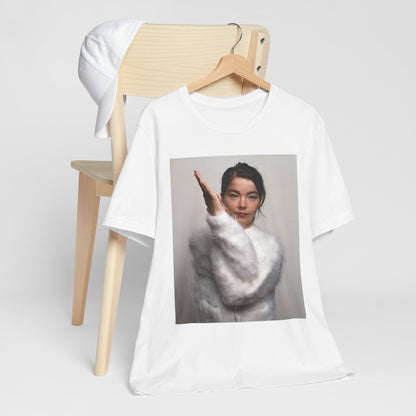 A black graphic t-shirt featuring a classic indie music graphic of Bjork.