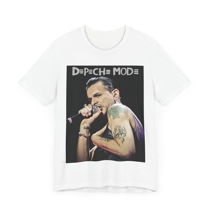 A black graphic t-shirt featuring a graphic of Dave Gahan from Depeche Mode, emphasizing his dynamic stage presence.