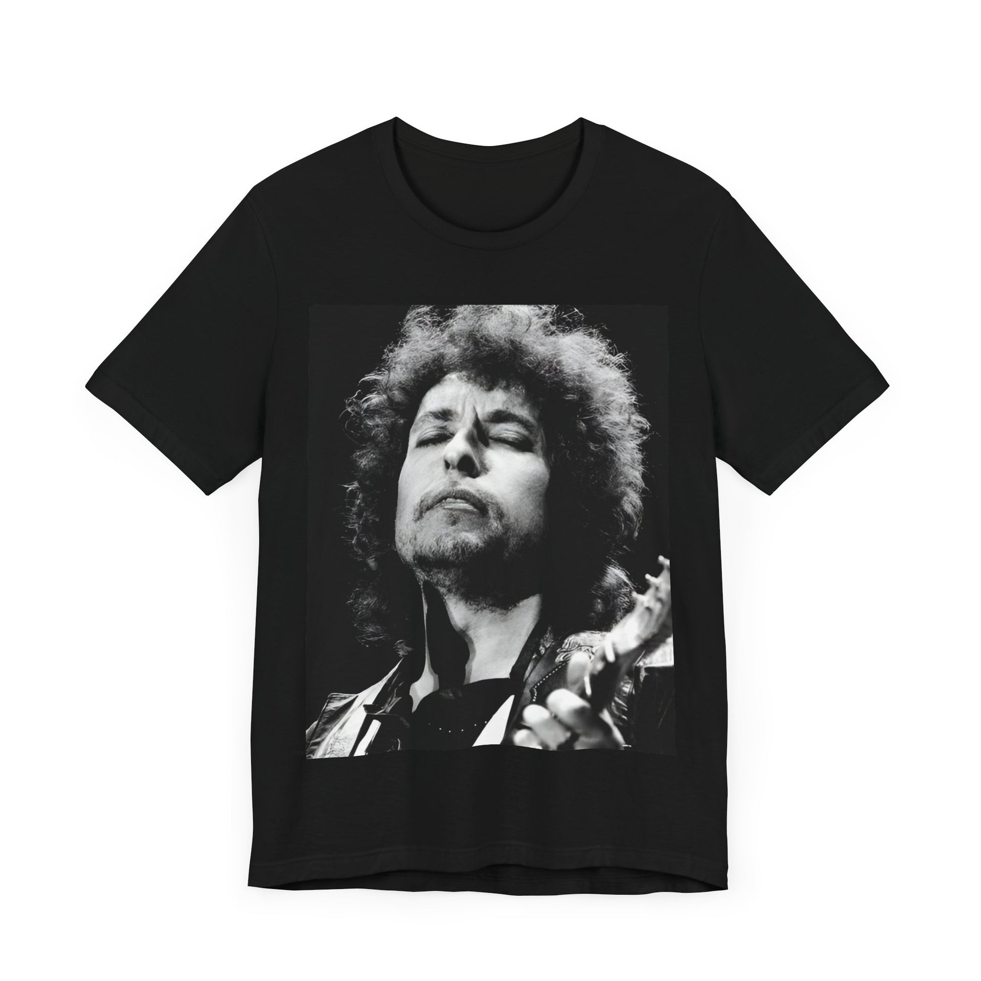 A black graphic t-shirt featuring a retro black and white graphic or photo of Bob Dylan performing live.