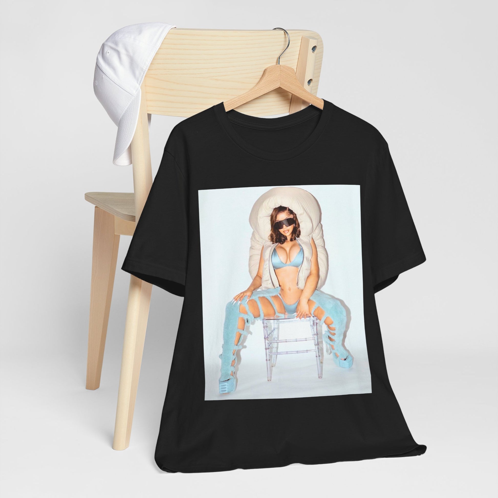 A black graphic t-shirt featuring a glamorous photo portrait of Cardi B.