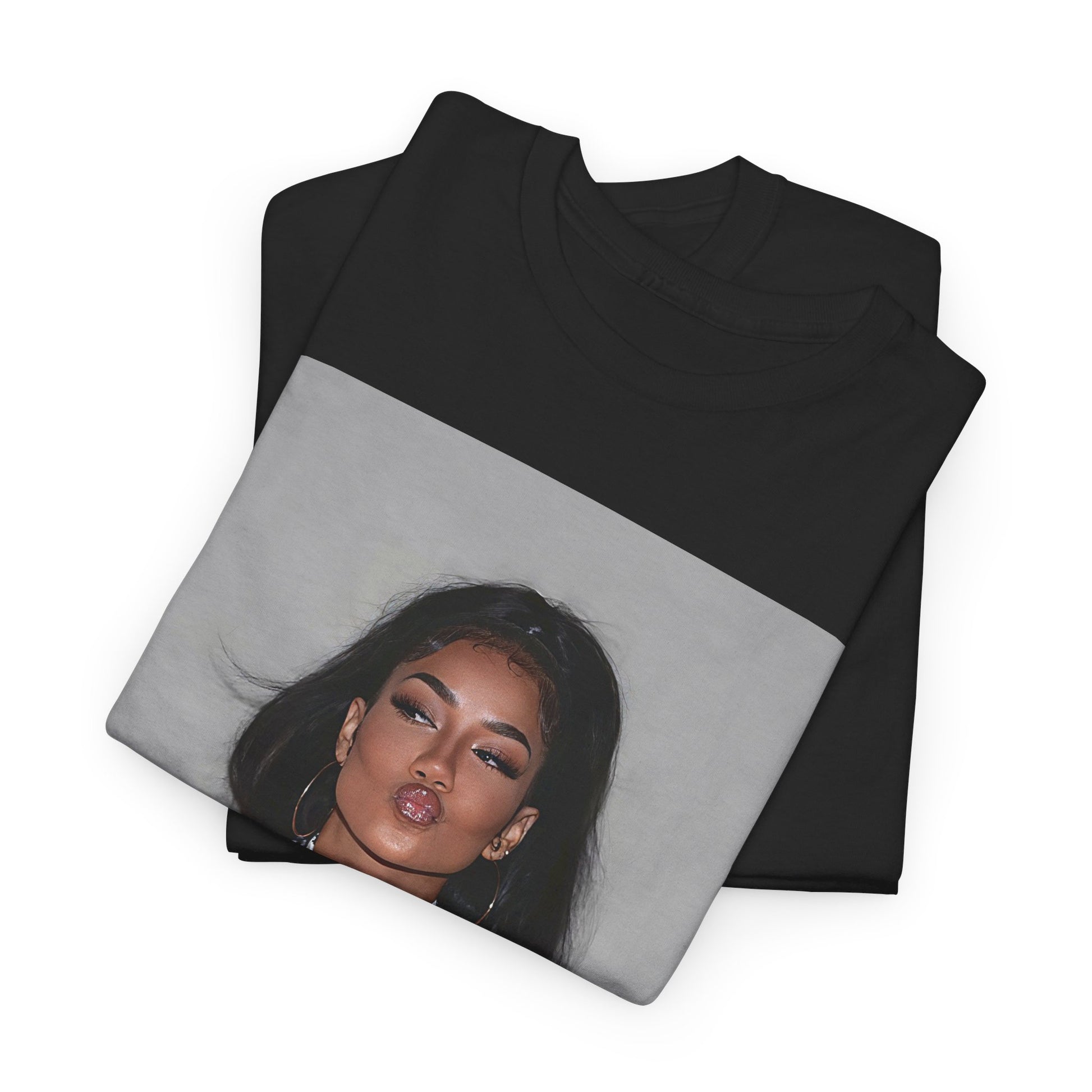 A black graphic t-shirt featuring a glamorous photo portrait of Jhene Aiko.