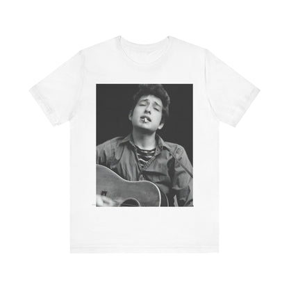 A black graphic t-shirt featuring a photo of Bob Dylan with his acoustic guitar.