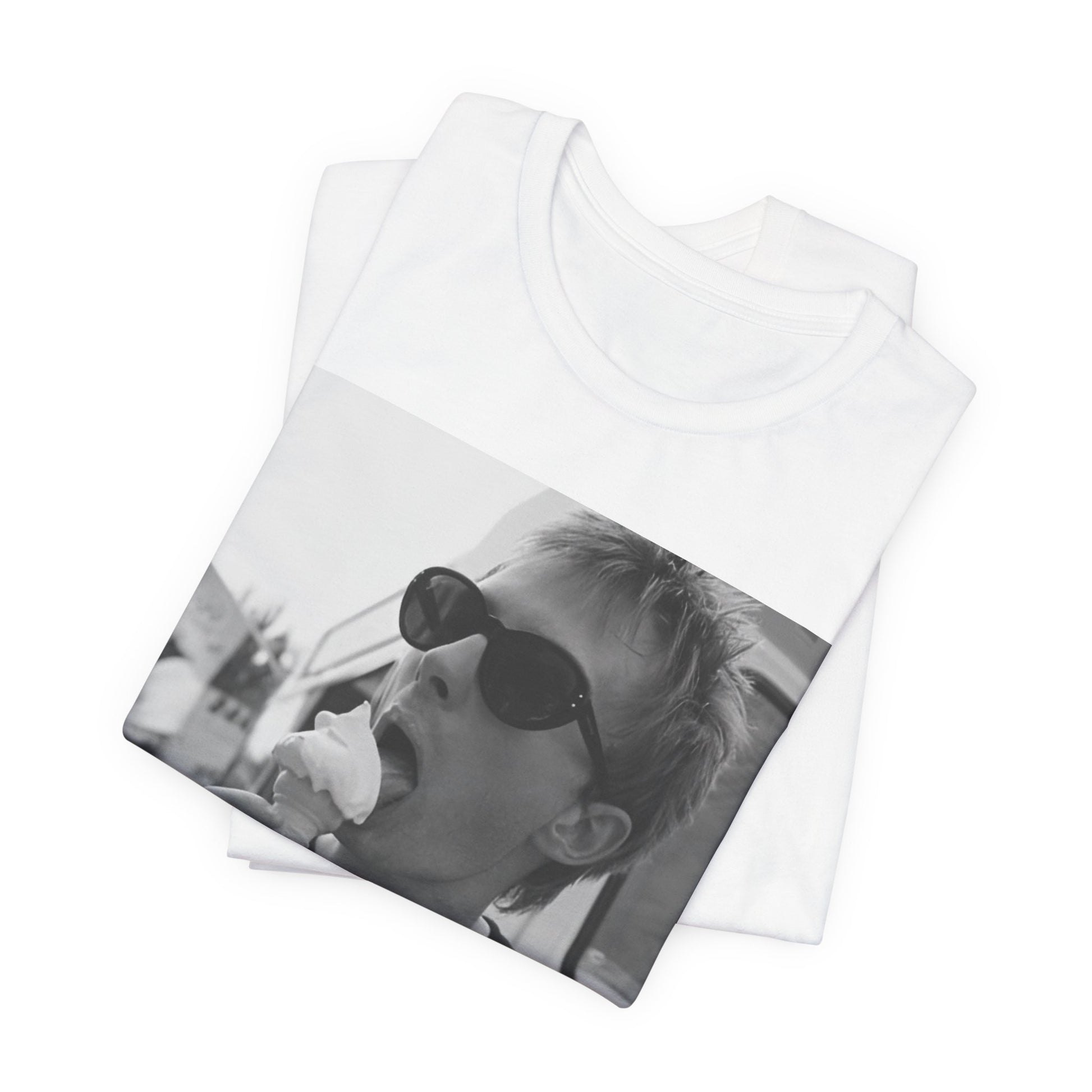 A black graphic t-shirt featuring a graphic of Thom Yorke from Radiohead with an ice cream cone.