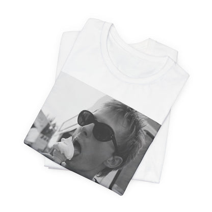 A black graphic t-shirt featuring a graphic of Thom Yorke from Radiohead with an ice cream cone.