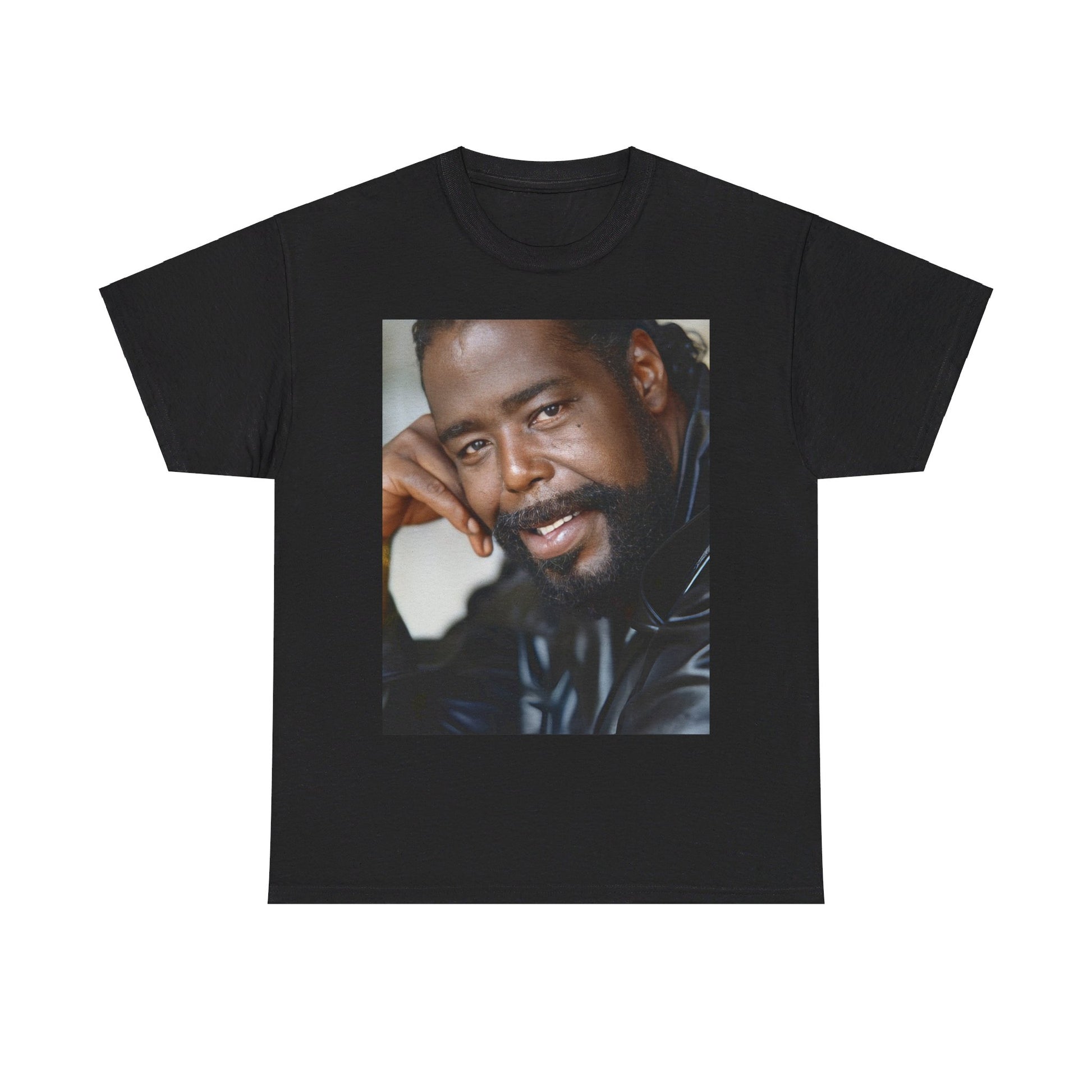 A black graphic t-shirt featuring a 70s-style pop art portrait graphic of Barry White.