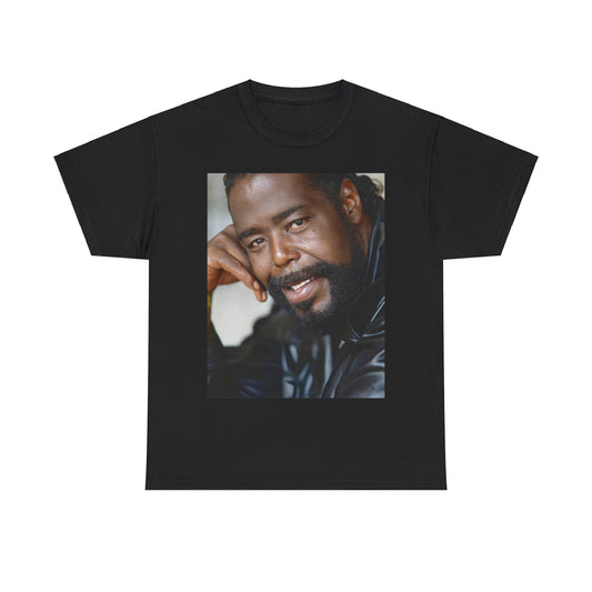 A black graphic t-shirt featuring a 70s-style pop art portrait graphic of Barry White.