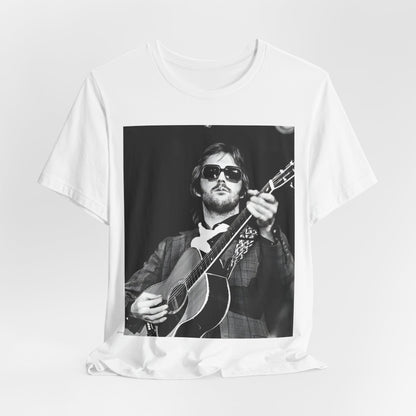 A black graphic t-shirt featuring a graphic of Eric Clapton with a chill blues rock vibe.