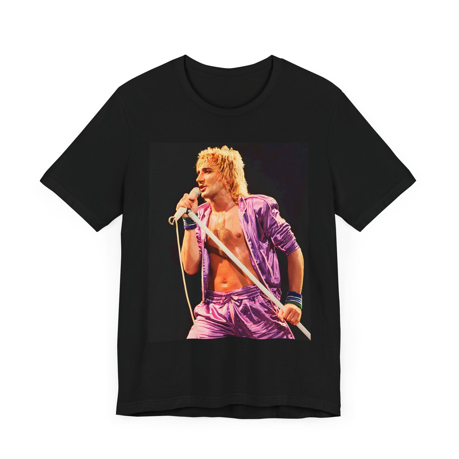A black graphic t-shirt featuring a retro graphic related to Rod Stewart's 'Do Ya Think I'm Sexy' song or era.