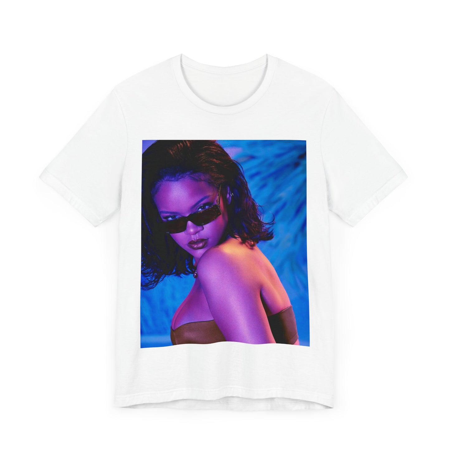 A black graphic t-shirt featuring a retro graphic related to Rihanna's 'Umbrella' song or era.
