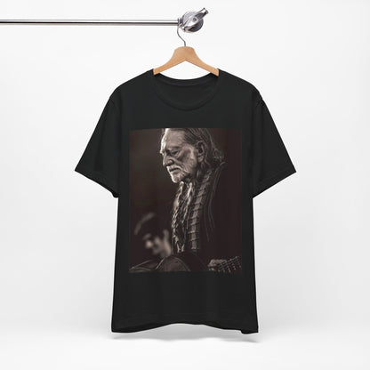 A black graphic t-shirt featuring a vintage country legend graphic of Willie Nelson.