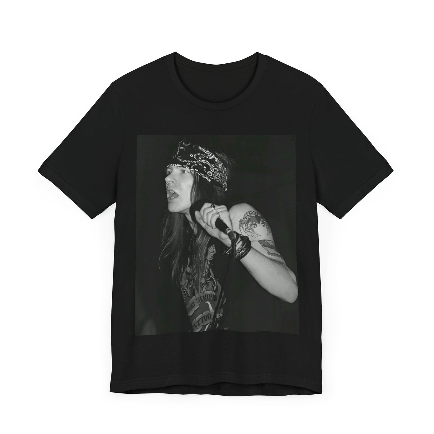 A black graphic t-shirt featuring a black and white portrait photo of the band Guns N' Roses.