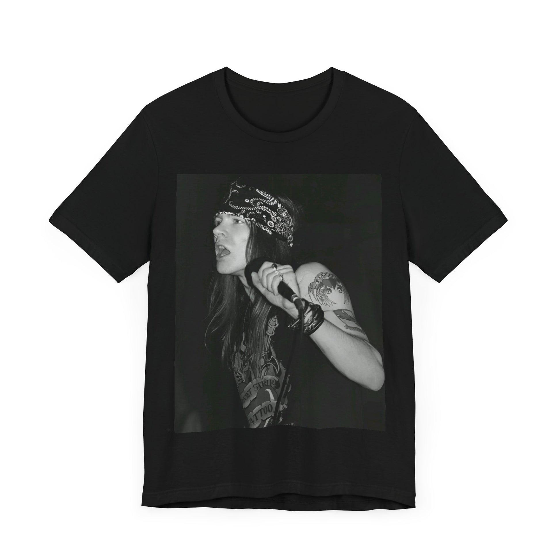 A black graphic t-shirt featuring a black and white portrait photo of the band Guns N' Roses.