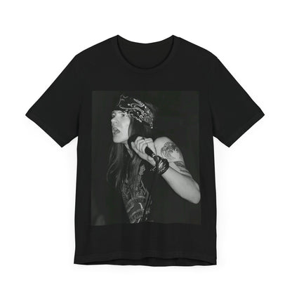 A black graphic t-shirt featuring a black and white portrait photo of the band Guns N' Roses.