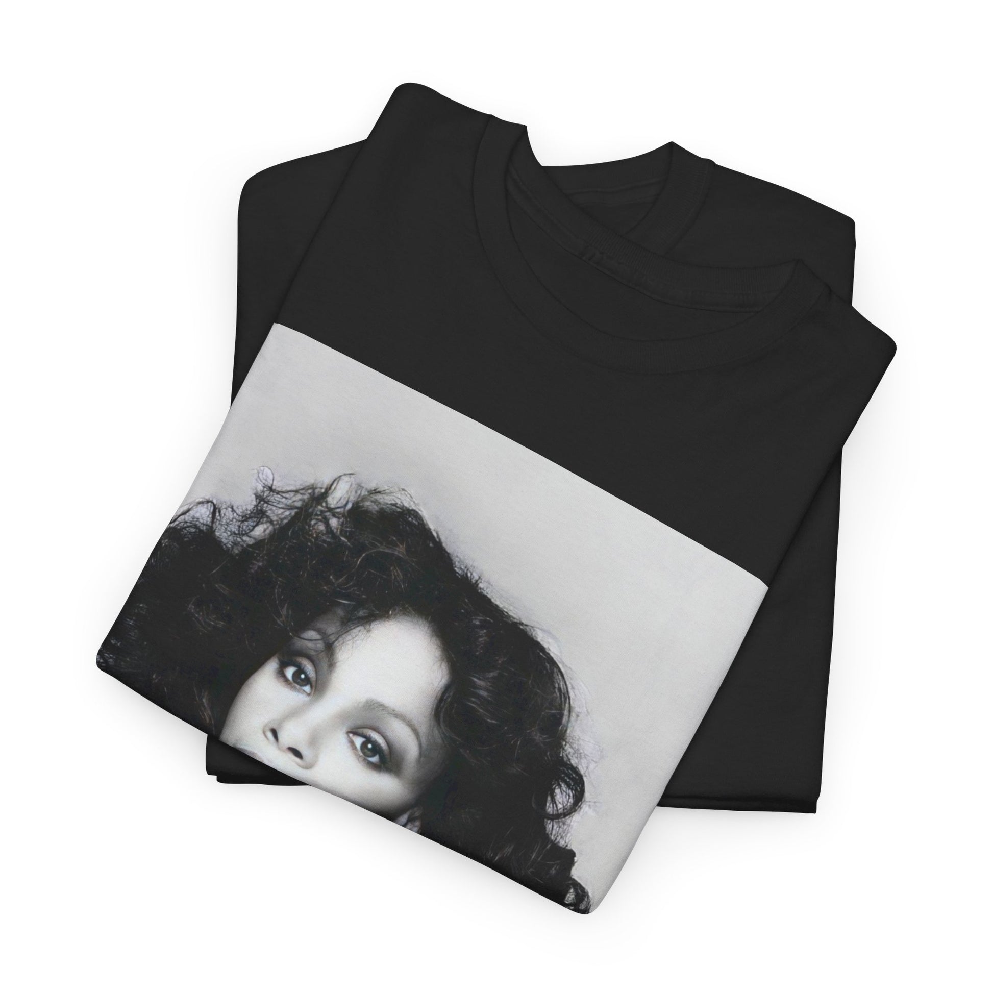 A black graphic t-shirt featuring a black and white portrait photo of Donna Summer.