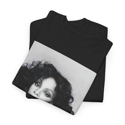 A black graphic t-shirt featuring a black and white portrait photo of Donna Summer.