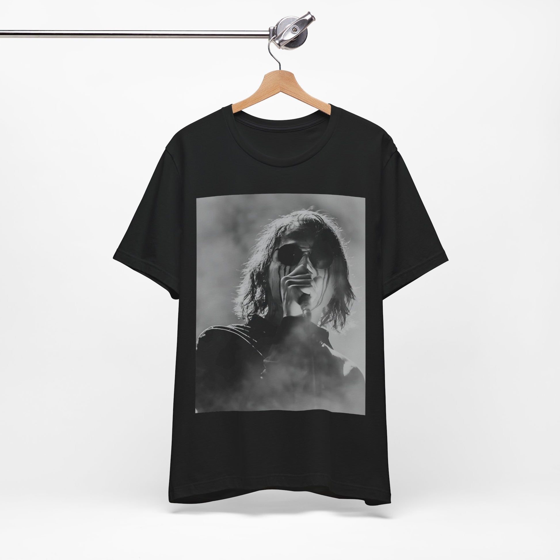 A black graphic t-shirt featuring a black and white, monochrome graphic or photo of My Chemical Romance.
