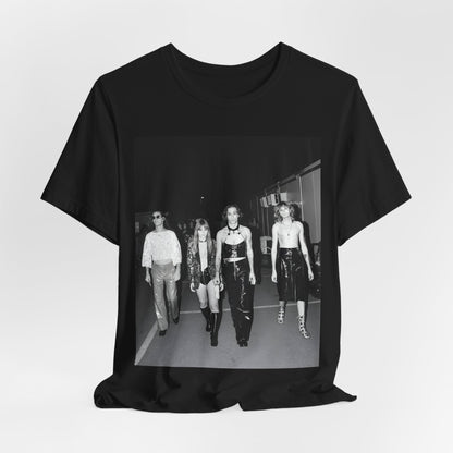 A black graphic t-shirt featuring a black and white, monochrome graphic or photo of Maneskin.
