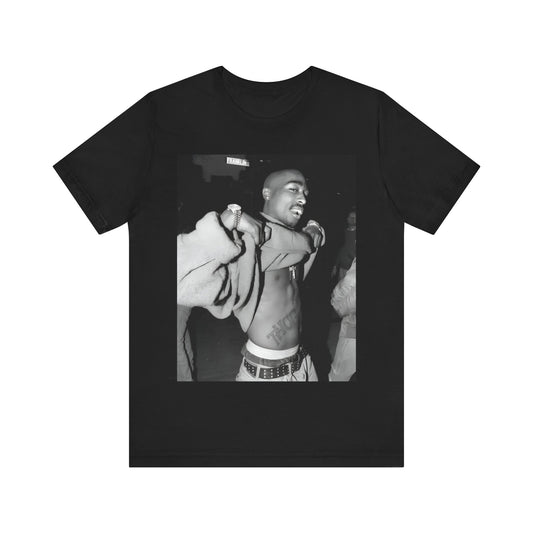 A black graphic t-shirt featuring a vintage hip hop icon graphic of Tupac.