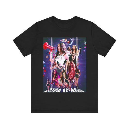 A black graphic t-shirt featuring a bootleg graphic of Olivia Rodrigo.