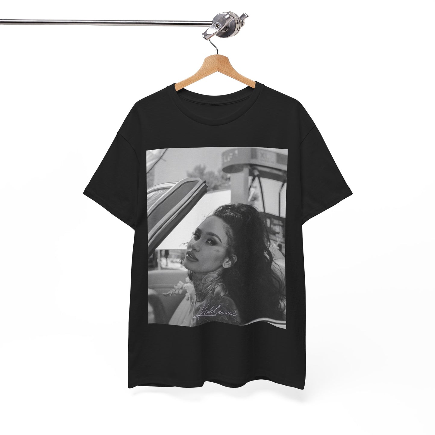 A black graphic t-shirt featuring a black and white retro photo or graphic of Kehlani.