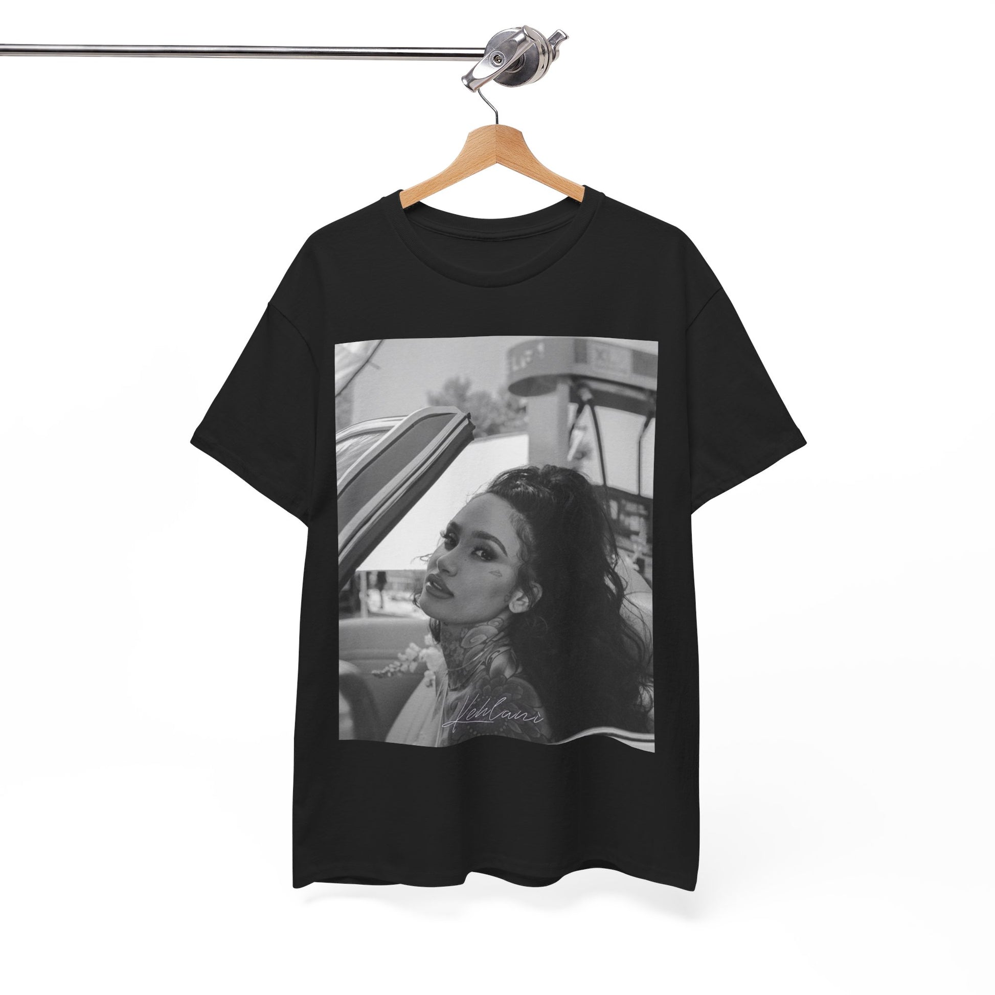 A black graphic t-shirt featuring a black and white retro photo or graphic of Kehlani.