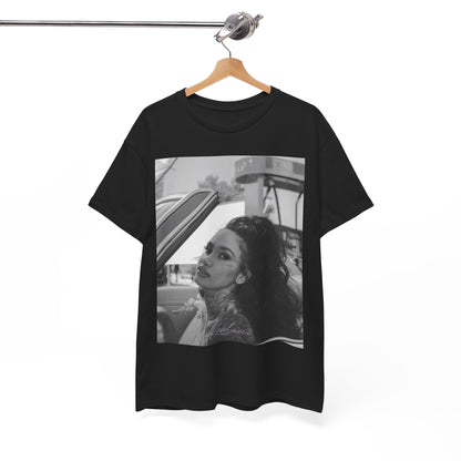 A black graphic t-shirt featuring a black and white retro photo or graphic of Kehlani.