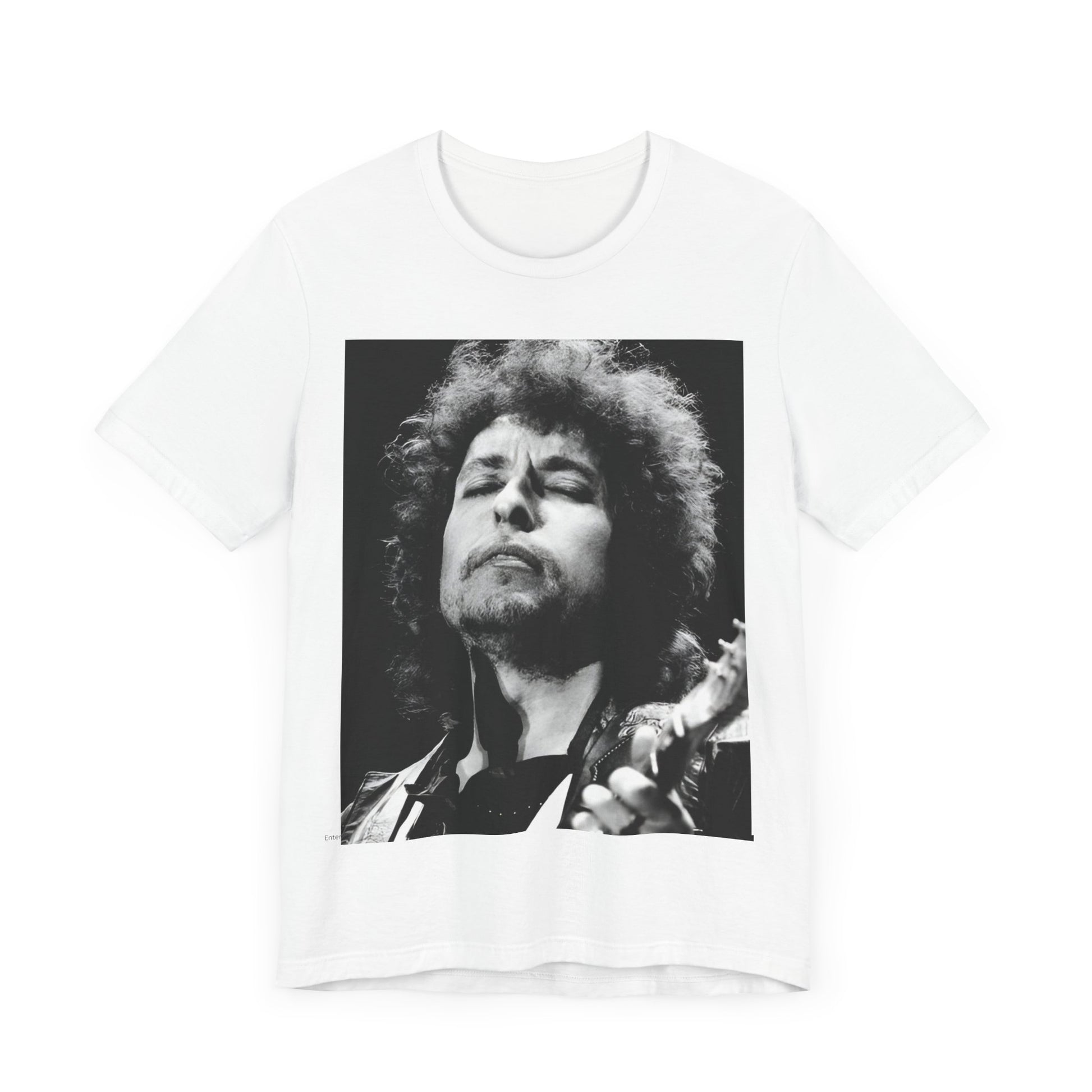 A black graphic t-shirt featuring a retro black and white graphic or photo of Bob Dylan performing live.
