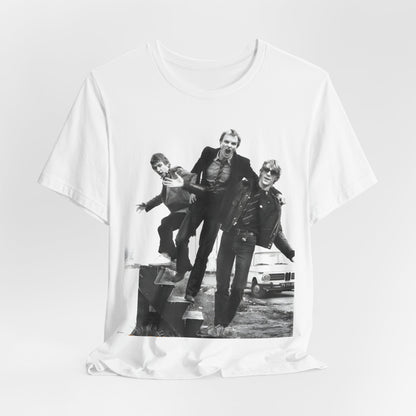 A black graphic t-shirt featuring an early days reggae rock graphic of The Police.