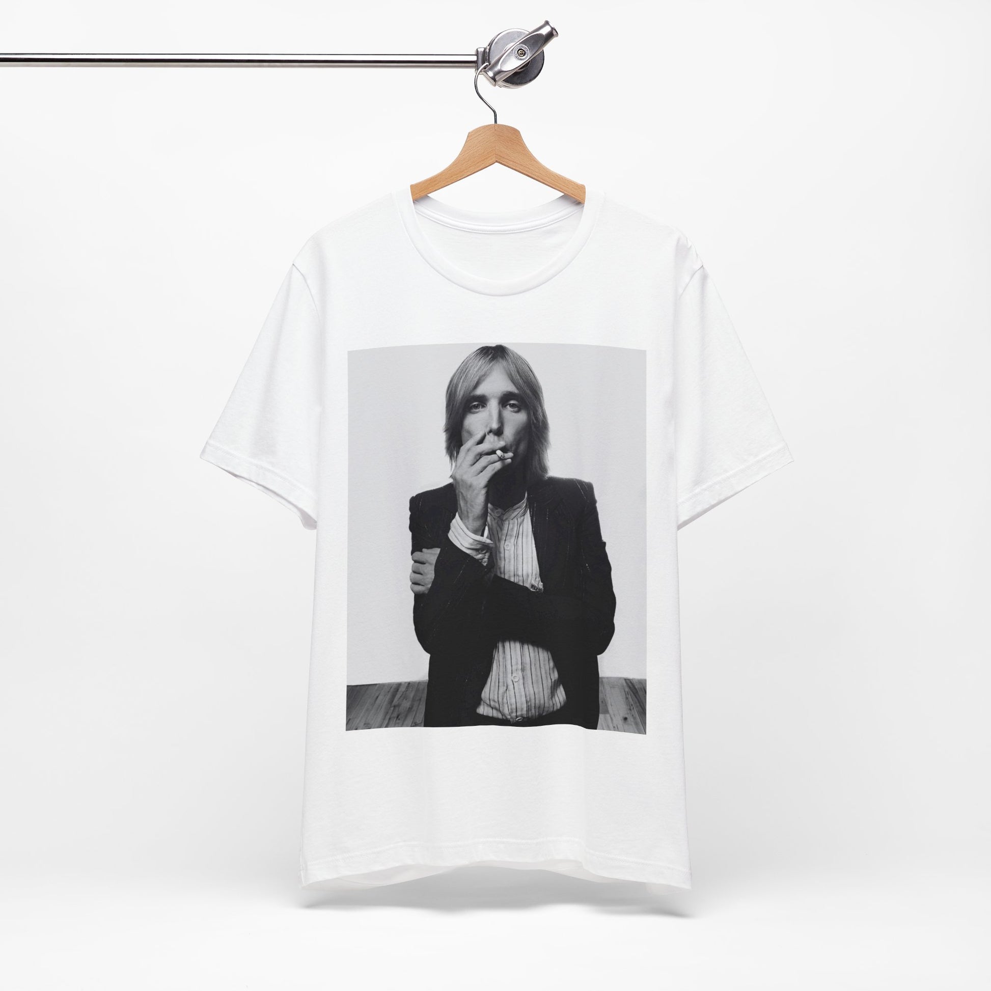 A black graphic t-shirt featuring a black and white graphic or photo of Tom Petty as a Southern rock icon.