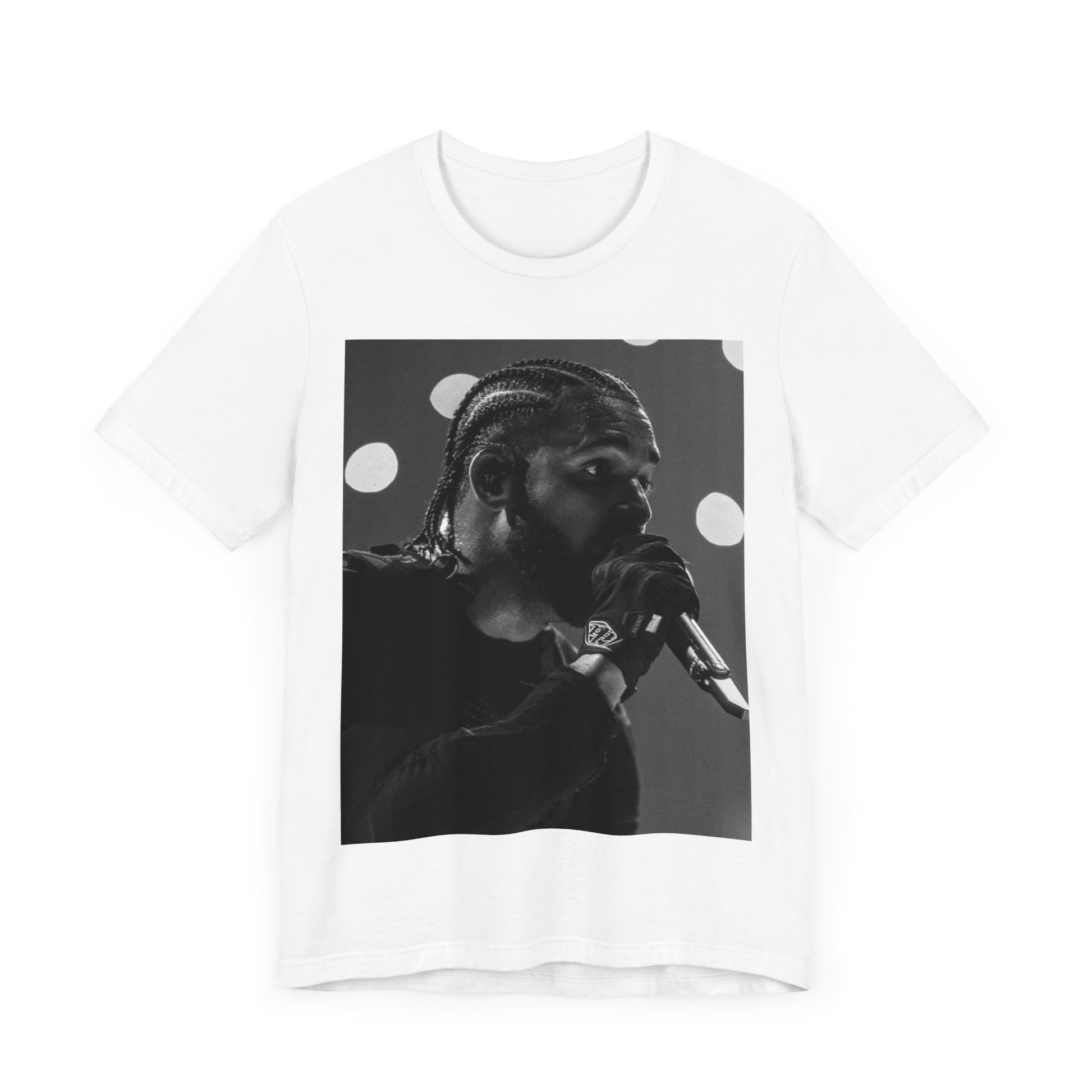 A black graphic t-shirt featuring a classic black and white style graphic of Drake.