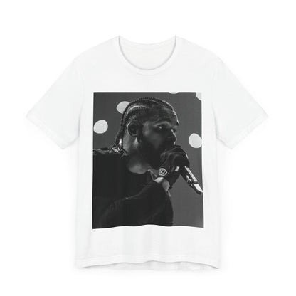 A black graphic t-shirt featuring a classic black and white style graphic of Drake.