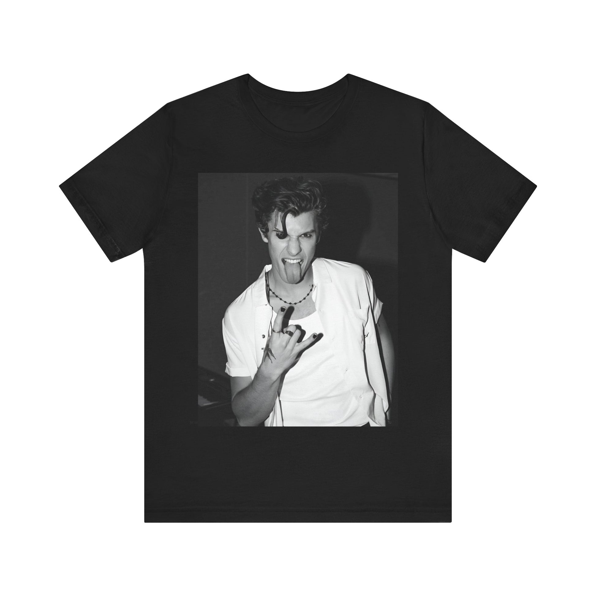 A black graphic t-shirt featuring a casual black and white fan graphic of Shawn Mendes.