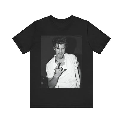 A black graphic t-shirt featuring a casual black and white fan graphic of Shawn Mendes.