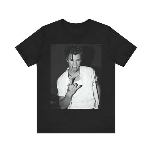 A black graphic t-shirt featuring a casual black and white fan graphic of Shawn Mendes.