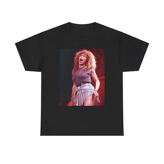 A black graphic t-shirt featuring a graphic of Tina Turner's iconic hair style.