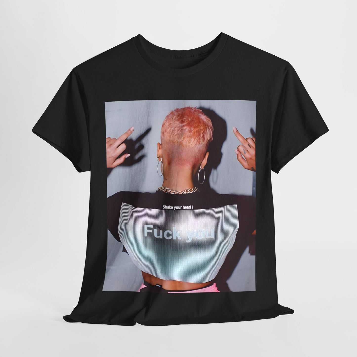 A black graphic t-shirt featuring a graphic of Halsey with text or imagery conveying "Fuck You."