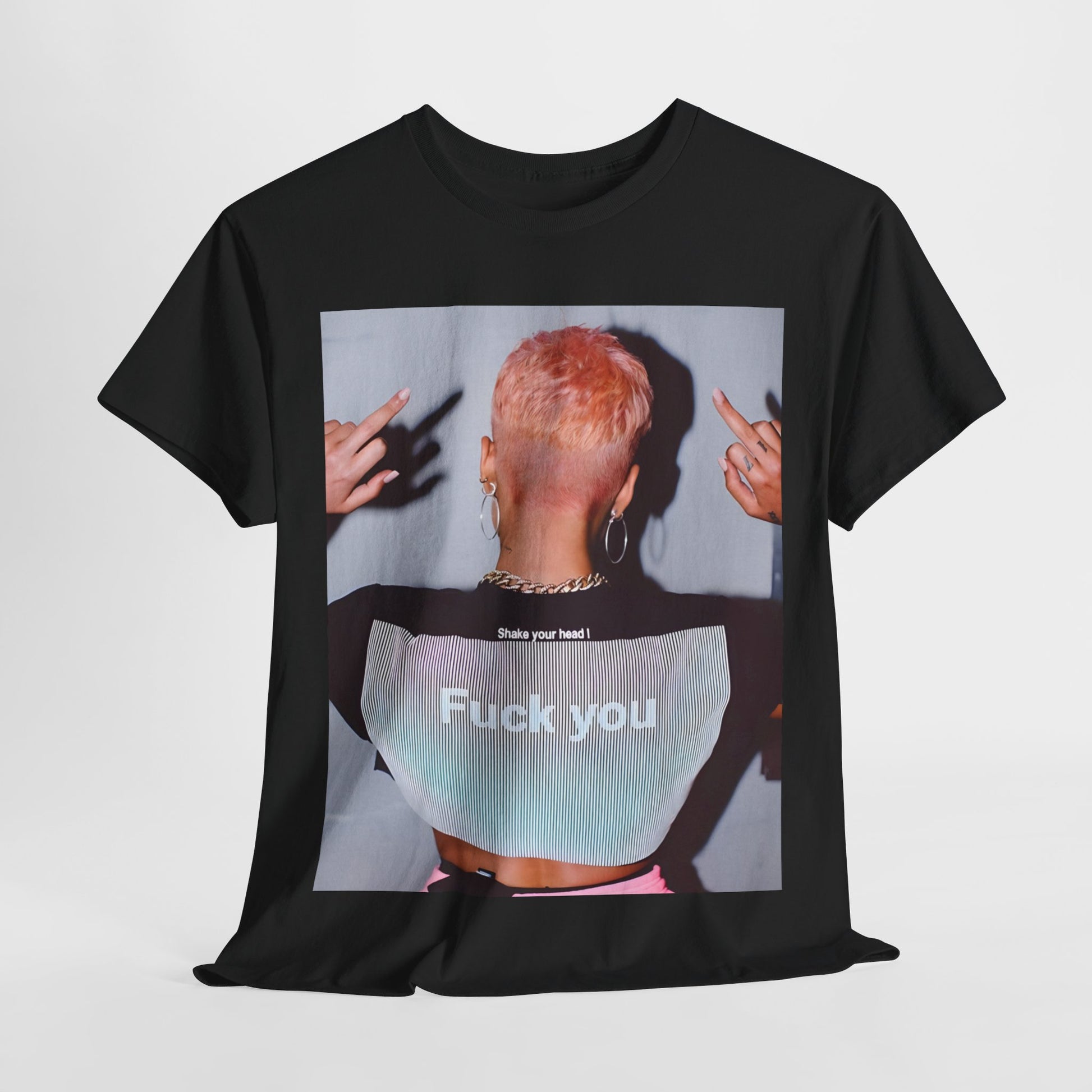 A black graphic t-shirt featuring a graphic of Halsey with text or imagery conveying "Fuck You."